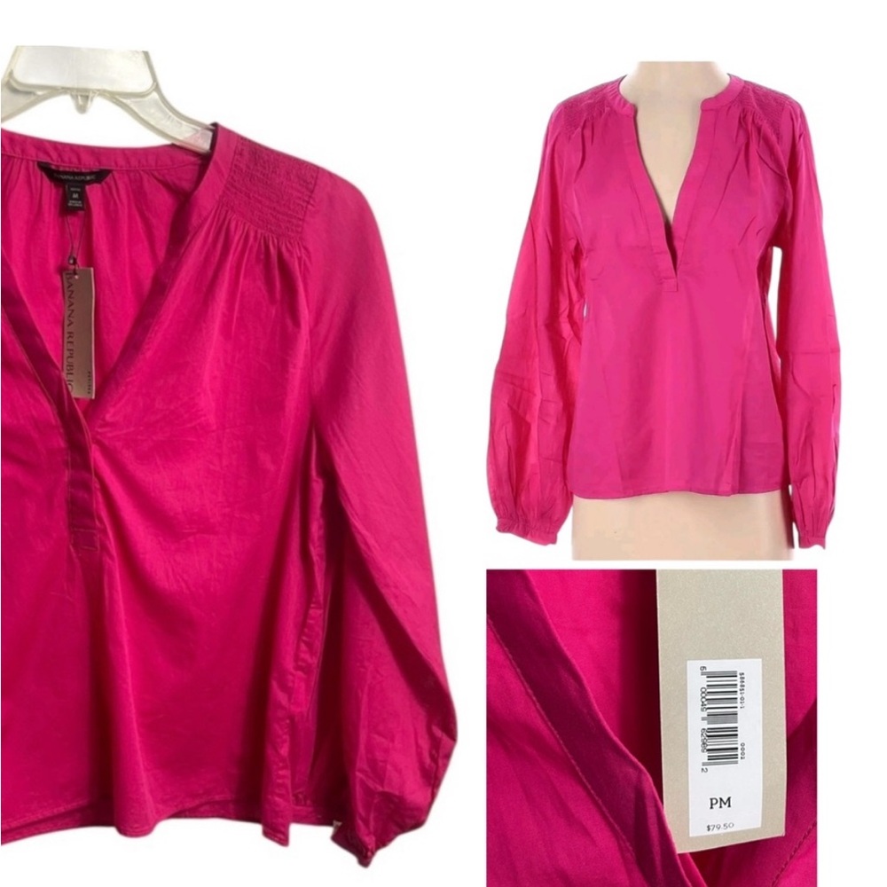 BANANA REPUBLIC PINK LIGHTWEIGHT-smocked  LONG SLEEVE BLOUSE M Petite  popover